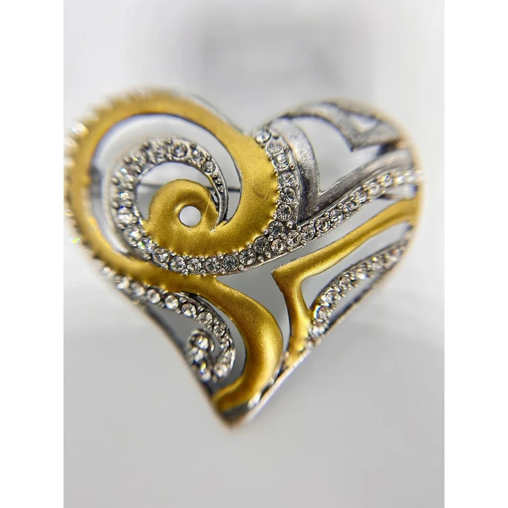 Chico's Heart Brooch Women OS Gold Silver Excellent Two-Tone Rhinestone Swirl